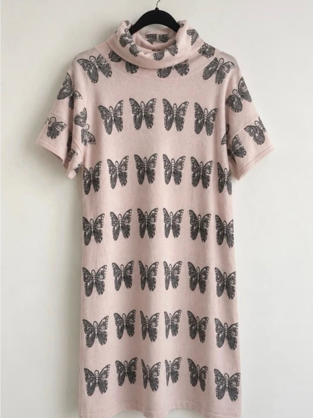 Butterfly Print Cashmere Blend Short Sleeve Turtleneck Sweater Dress